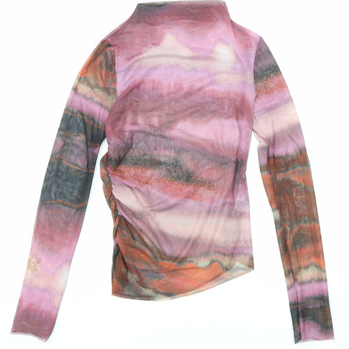 Pull&Bear Womens Multicoloured Geometric Polyester Basic T-Shirt Size M Mock Neck