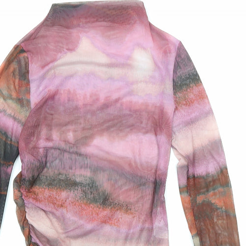 Pull&Bear Womens Multicoloured Geometric Polyester Basic T-Shirt Size M Mock Neck