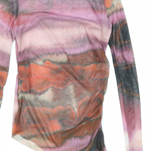 Pull&Bear Womens Multicoloured Geometric Polyester Basic T-Shirt Size M Mock Neck