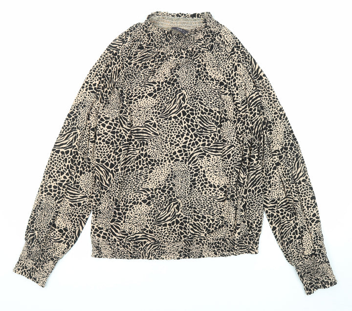 Marks and Spencer Womens Black Animal Print Viscose Basic Blouse Size 14 Mock Neck
