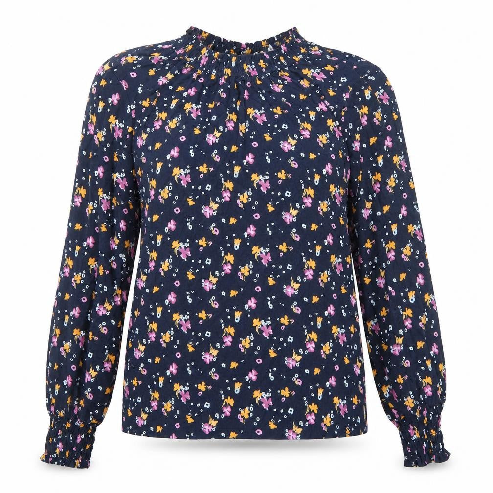 Front view of Marks & Spencer women’s blue floral viscose basic blouse, size UK 6, round neck