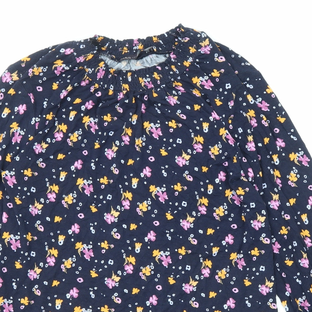 Marks and Spencer Womens Blue Floral Viscose Basic Blouse Size 6 Round Neck