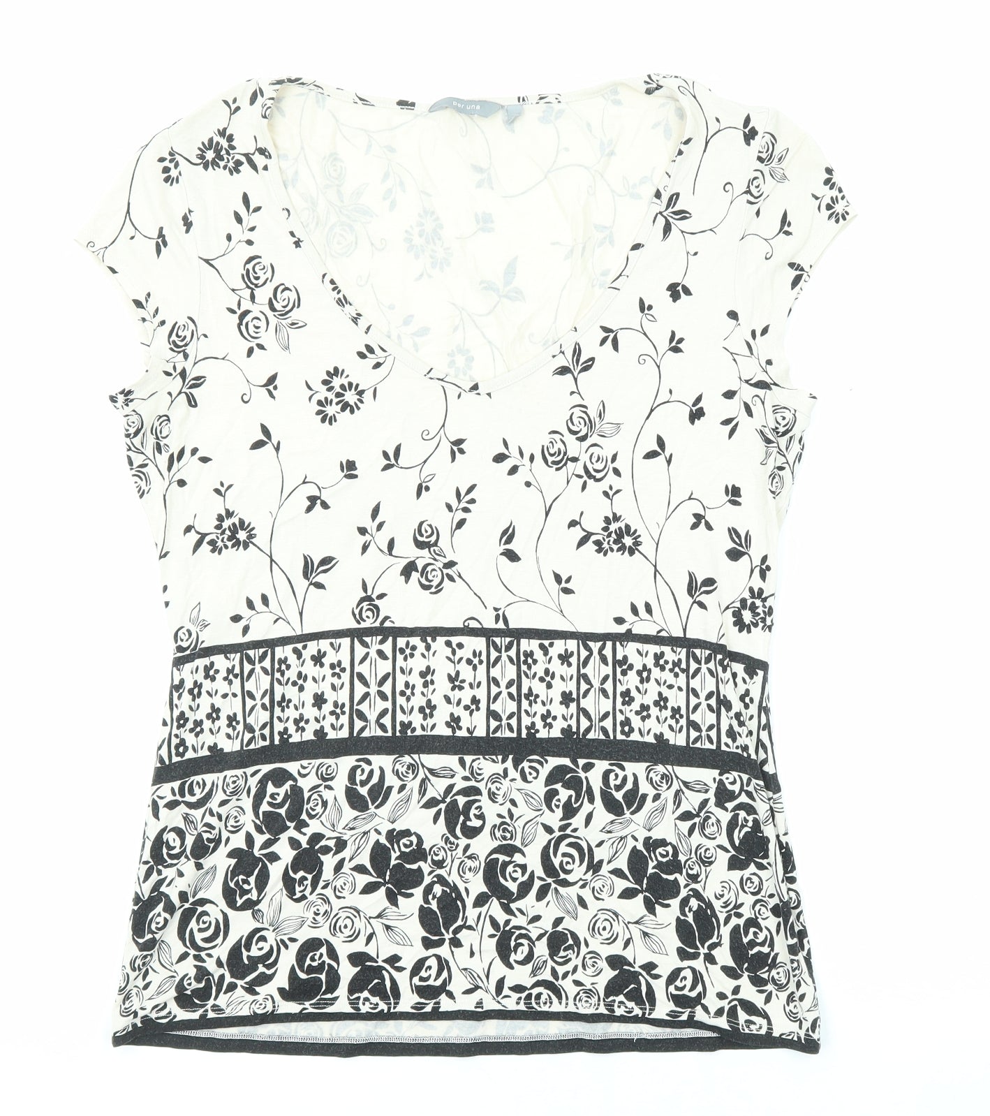 Per Una Womens Beige Floral Viscose Basic T-Shirt Size 14 Scoop Neck