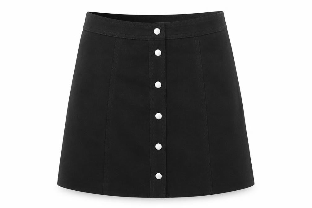 Front view of Divided by H&M women’s black polyester a-line skirt, size UK 4, snap