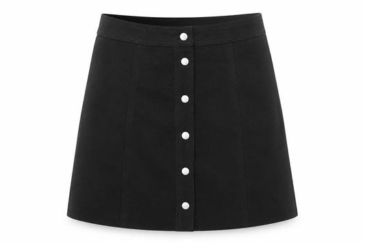 Front view of Divided by H&M women’s black polyester a-line skirt, size UK 4, snap