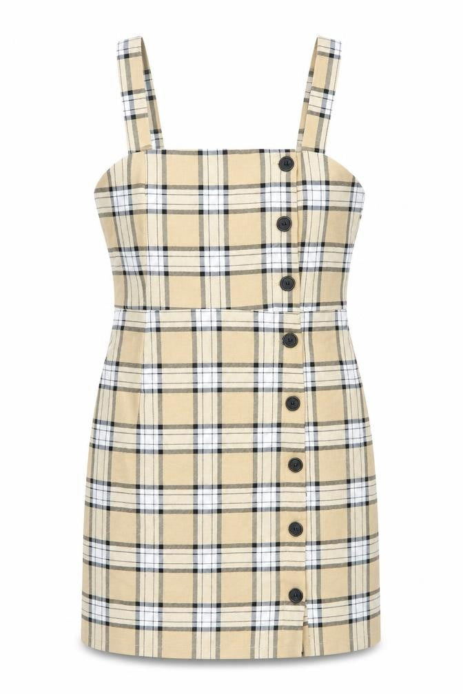 Divided by H&M Womens Beige Plaid Polyester Tank Dress Size 8 Square Neck Button