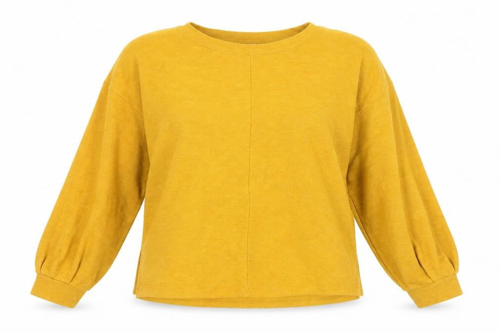 Front view of H&M women’s yellow polyester basic blouse, size S, round neck
