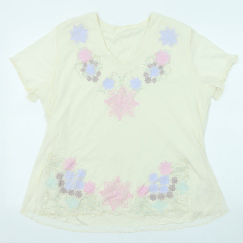 Classic Womens Beige Floral Polyester Basic T-Shirt Size 20 V-Neck