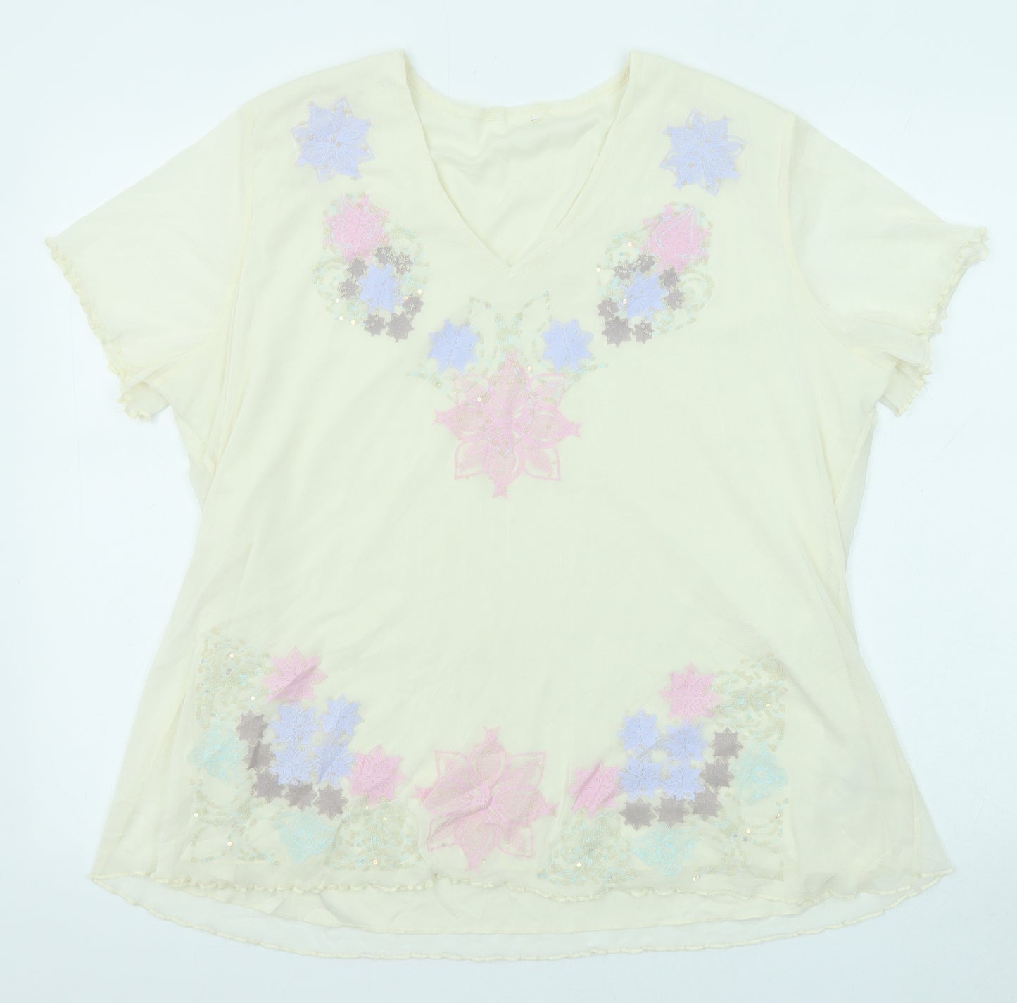 Classic Womens Beige Floral Polyester Basic T-Shirt Size 20 V-Neck
