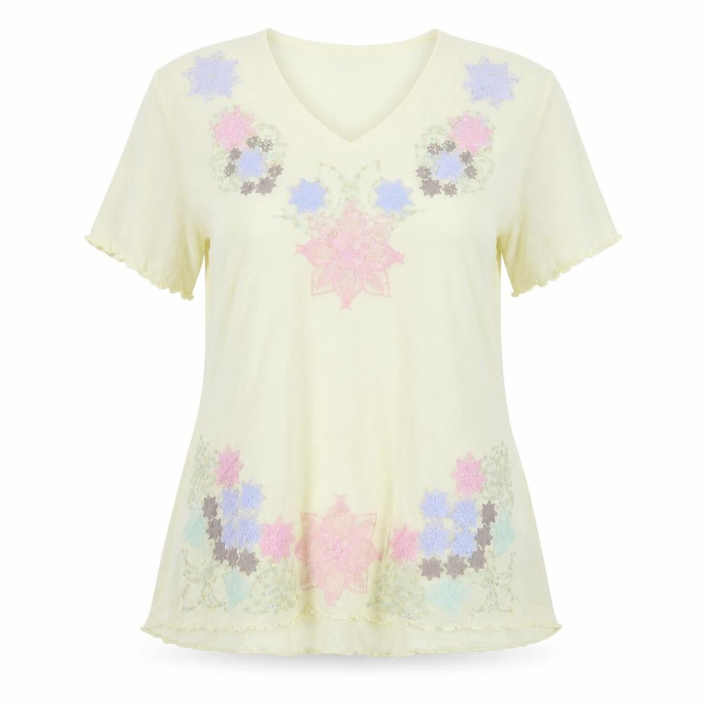 Front view of Classics women’s beige floral polyester basic t-shirt, size UK 20, v-neck