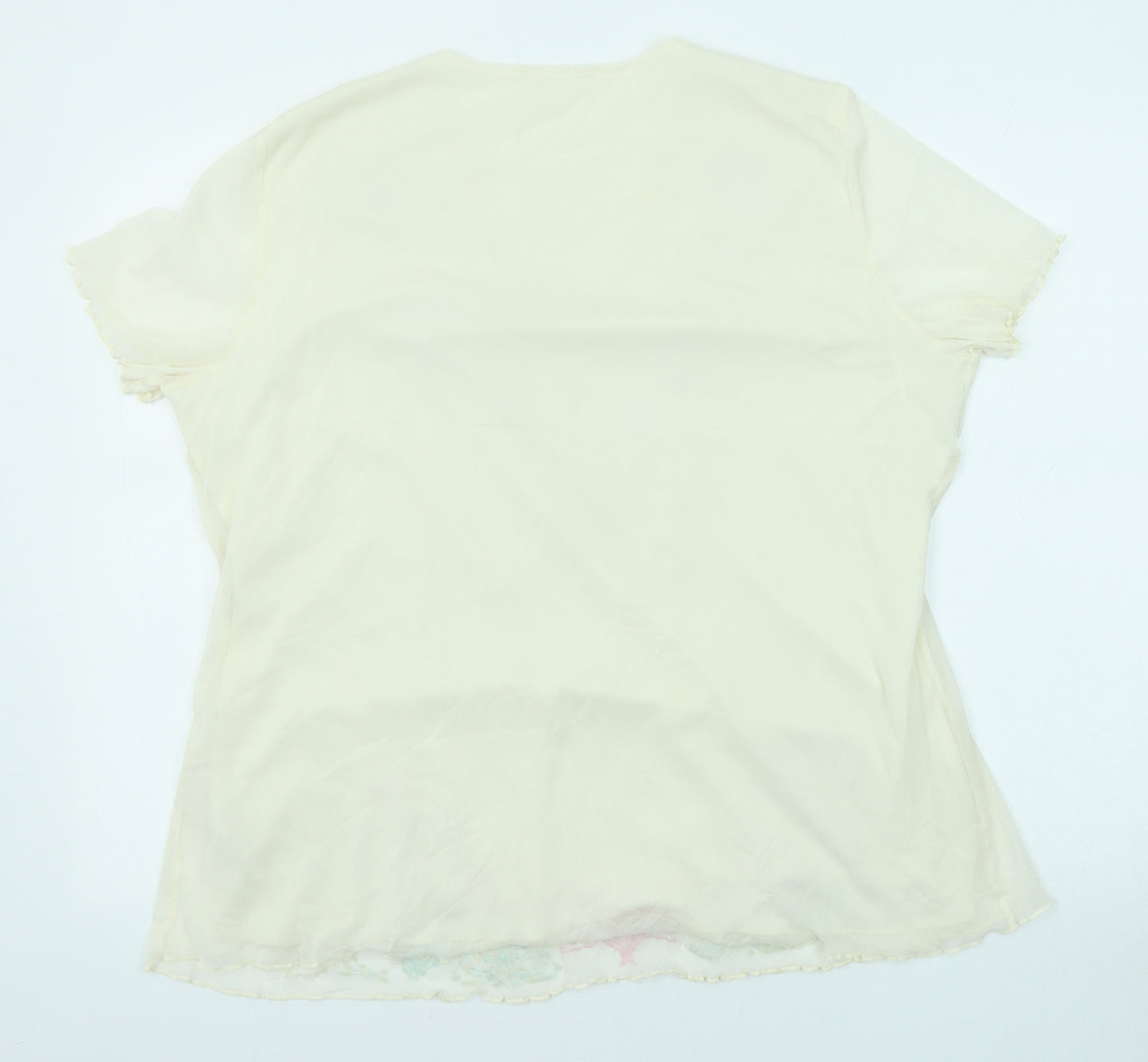 Classic Womens Beige Floral Polyester Basic T-Shirt Size 20 V-Neck