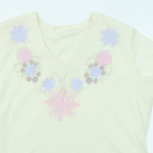 Classic Womens Beige Floral Polyester Basic T-Shirt Size 20 V-Neck