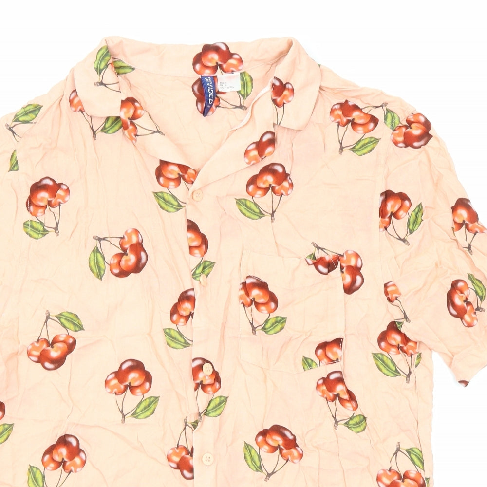 H&M Womens Pink Geometric Viscose Basic Button-Up Size S Collared - Cherry Pattern