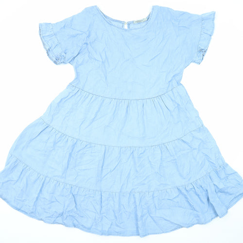 Valentina Naldi Womens Blue Linen A-Line Size L Round Neck Button