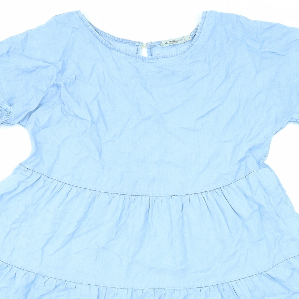 Valentina Naldi Womens Blue Linen A-Line Size L Round Neck Button