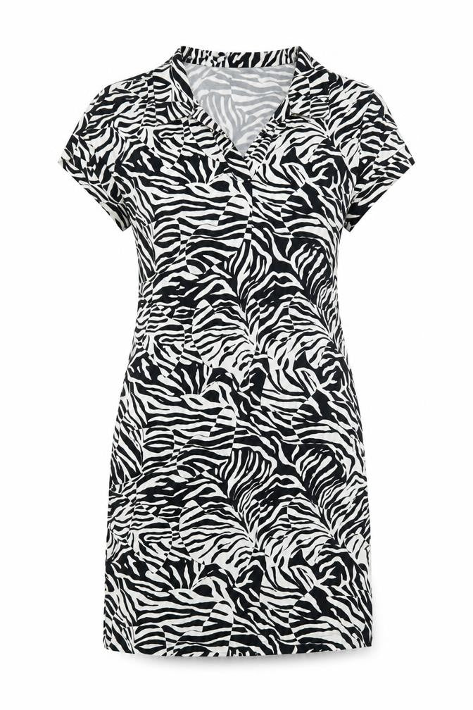 Front view of Marks & Spencer women’s blue geometric viscose a-line, size UK 8, v-neck pullover