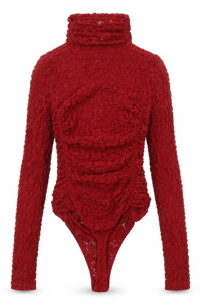 Front view of Intimataly women’s red polyester bodysuit one-piece, size S, snap