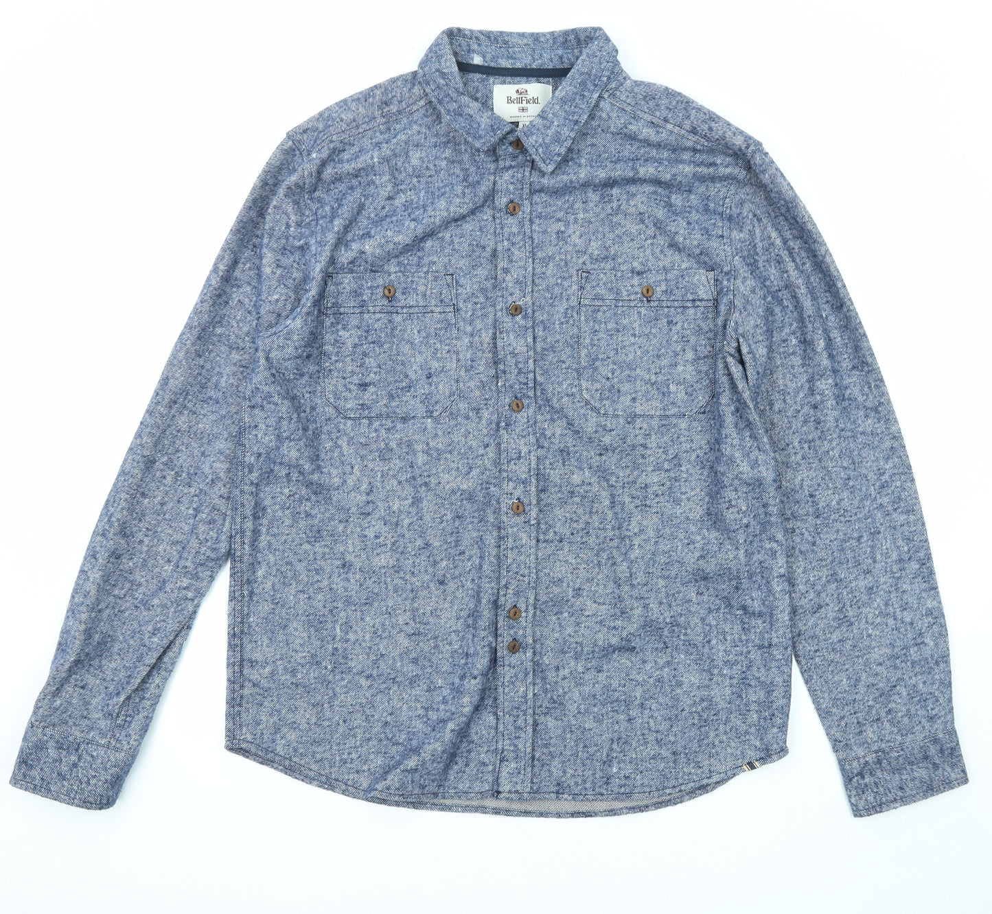 Bellfield Mens Blue Geometric Cotton Button-Up Size XL Collared Button