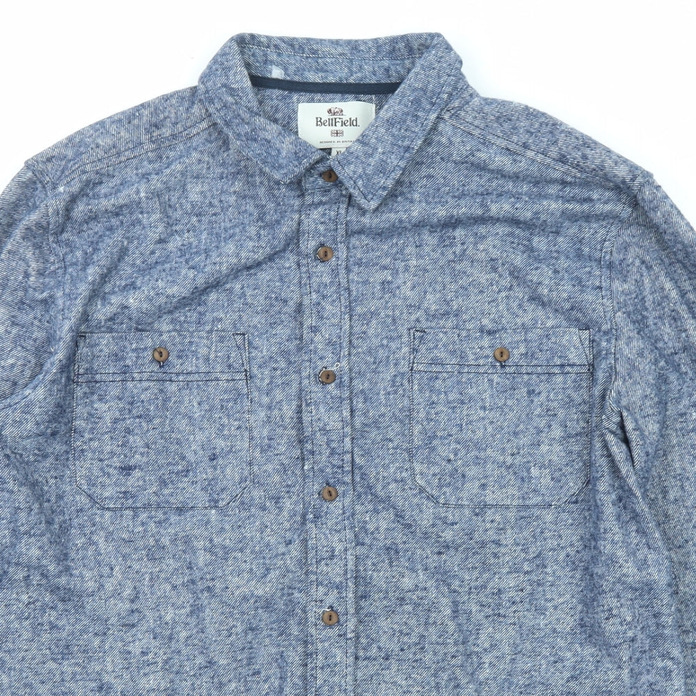 Bellfield Mens Blue Geometric Cotton Button-Up Size XL Collared Button