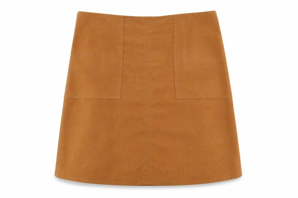 Front view of Dorothy Perkins women’s brown polyester a-line skirt, size UK 10, zip