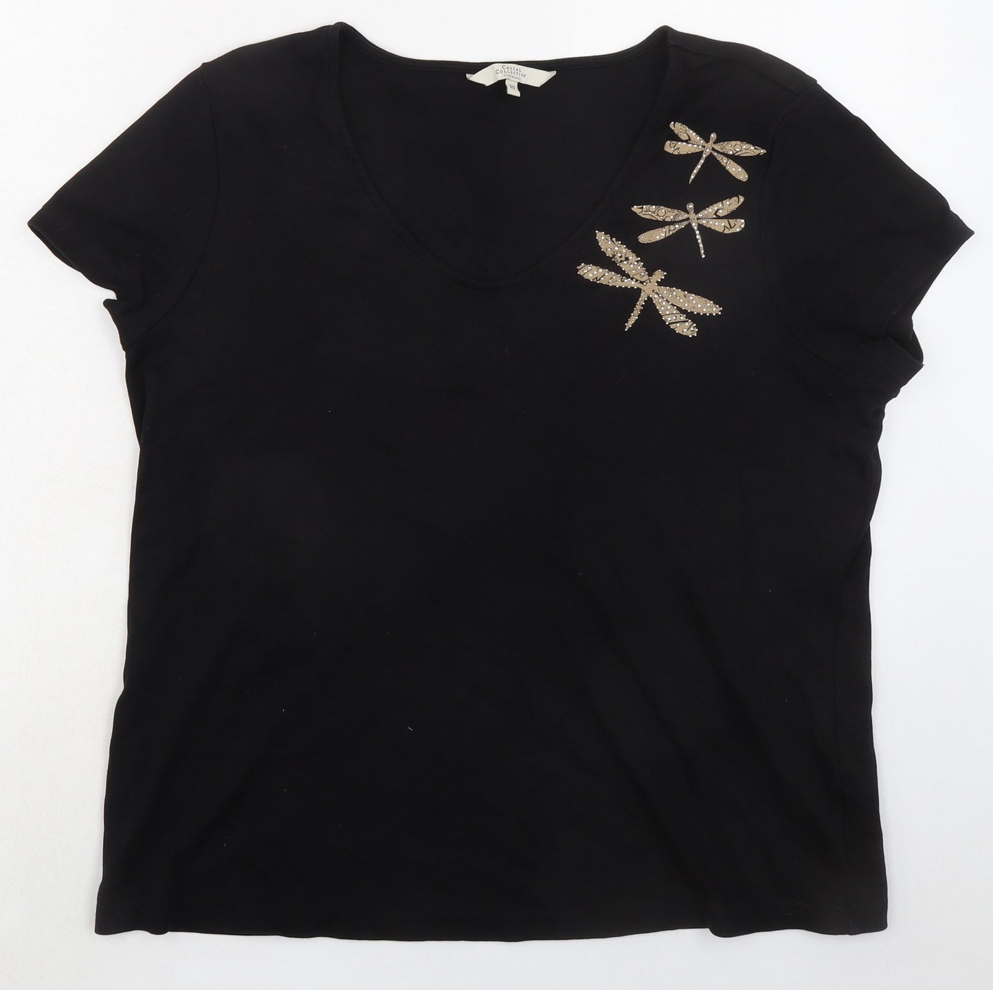 Debenhams Womens Black 100% Cotton Basic T-Shirt Size 20 Scoop Neck - Dragonfly