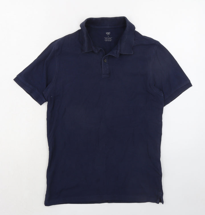 Marks and Spencer Mens Blue Cotton Button-Up Size S Collared Button