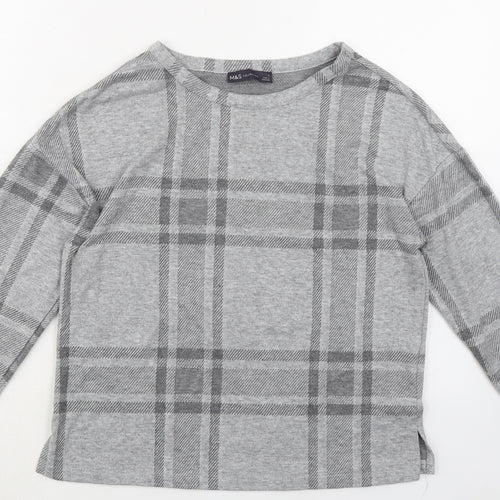 Marks and Spencer Womens Grey Plaid Polyester Basic T-Shirt Size 8 Round Neck