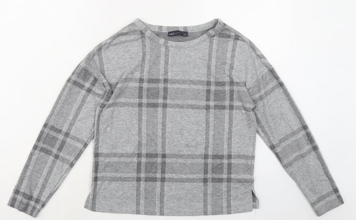 Marks and Spencer Womens Grey Plaid Polyester Basic T-Shirt Size 8 Round Neck
