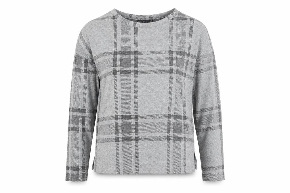 Front view of Marks & Spencer women’s grey plaid polyester basic t-shirt, size UK 8, round neck