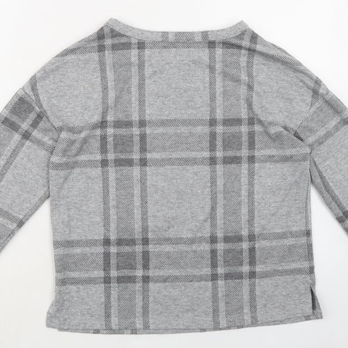 Marks and Spencer Womens Grey Plaid Polyester Basic T-Shirt Size 8 Round Neck