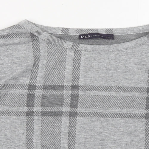 Marks and Spencer Womens Grey Plaid Polyester Basic T-Shirt Size 8 Round Neck