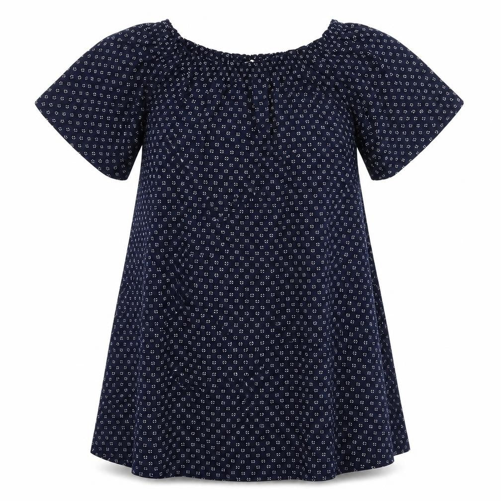 Front view of H&M women’s blue geometric polyester a-line, size XS, round neck pullover