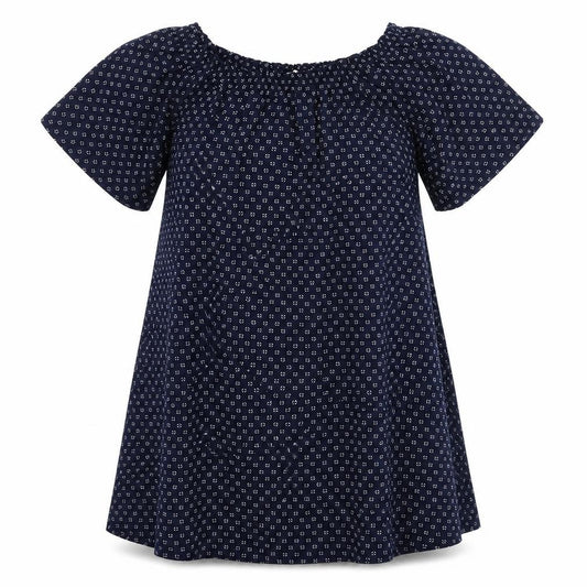 Front view of H&M women’s blue geometric polyester a-line, size XS, round neck pullover