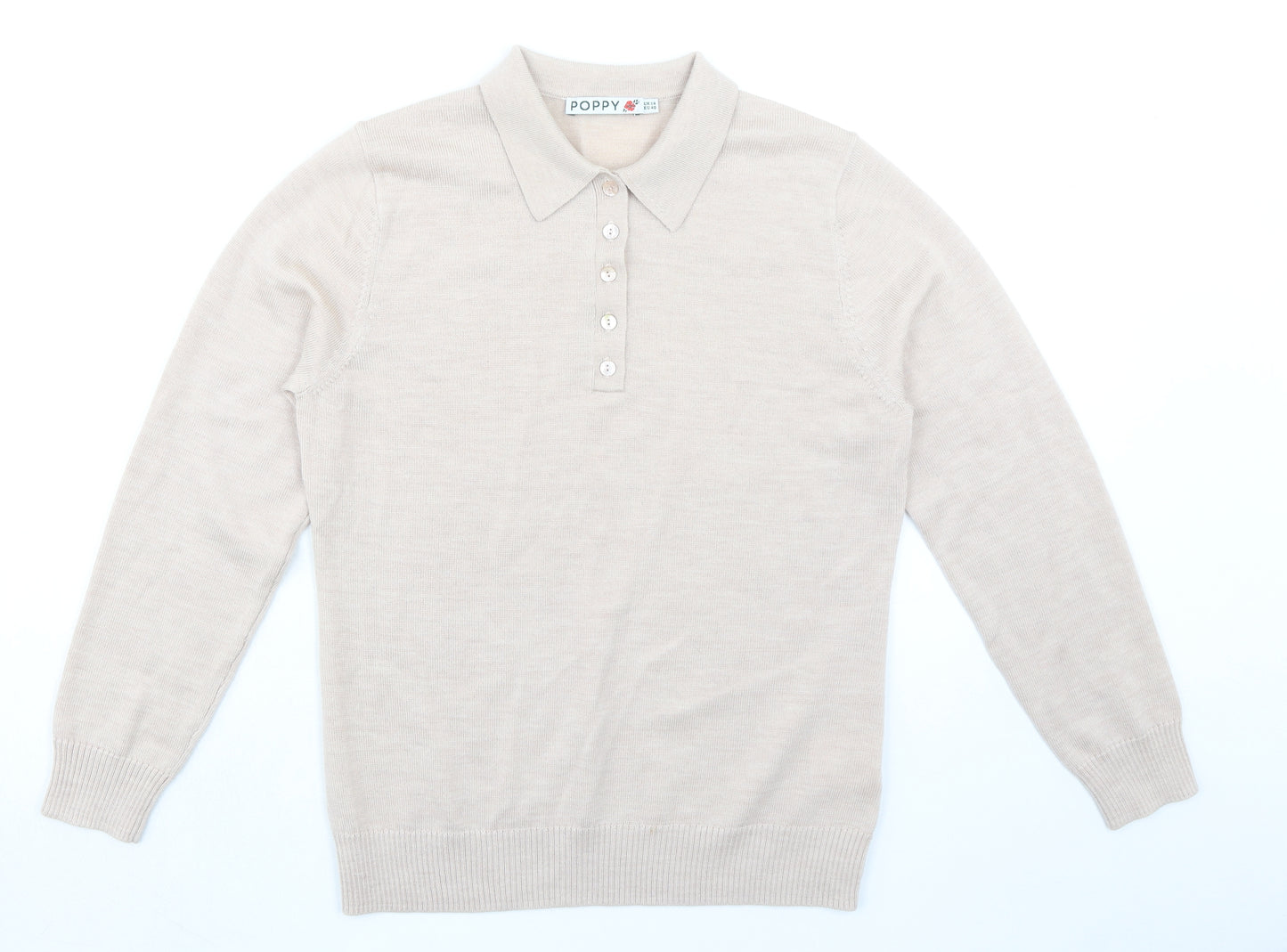 Poppy Womens Beige Collared 100% Merino Wool Pullover Jumper Size 14