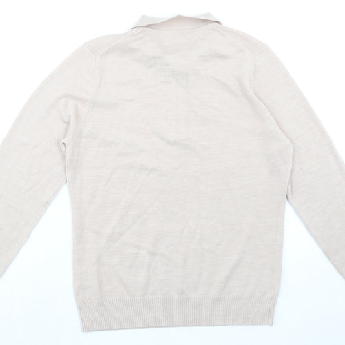 Poppy Womens Beige Collared 100% Merino Wool Pullover Jumper Size 14