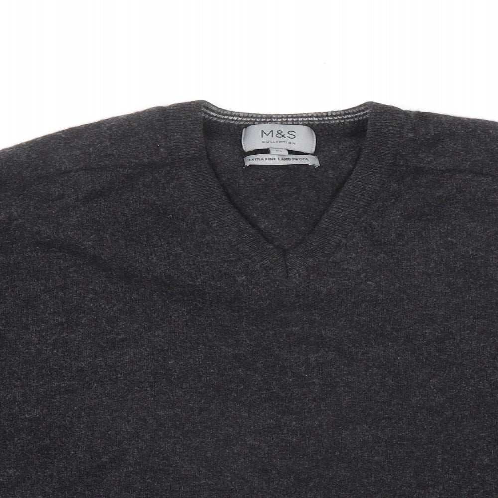 Marks and Spencer Mens Grey V-Neck Wool Pullover Jumper Size M Long Sleeve