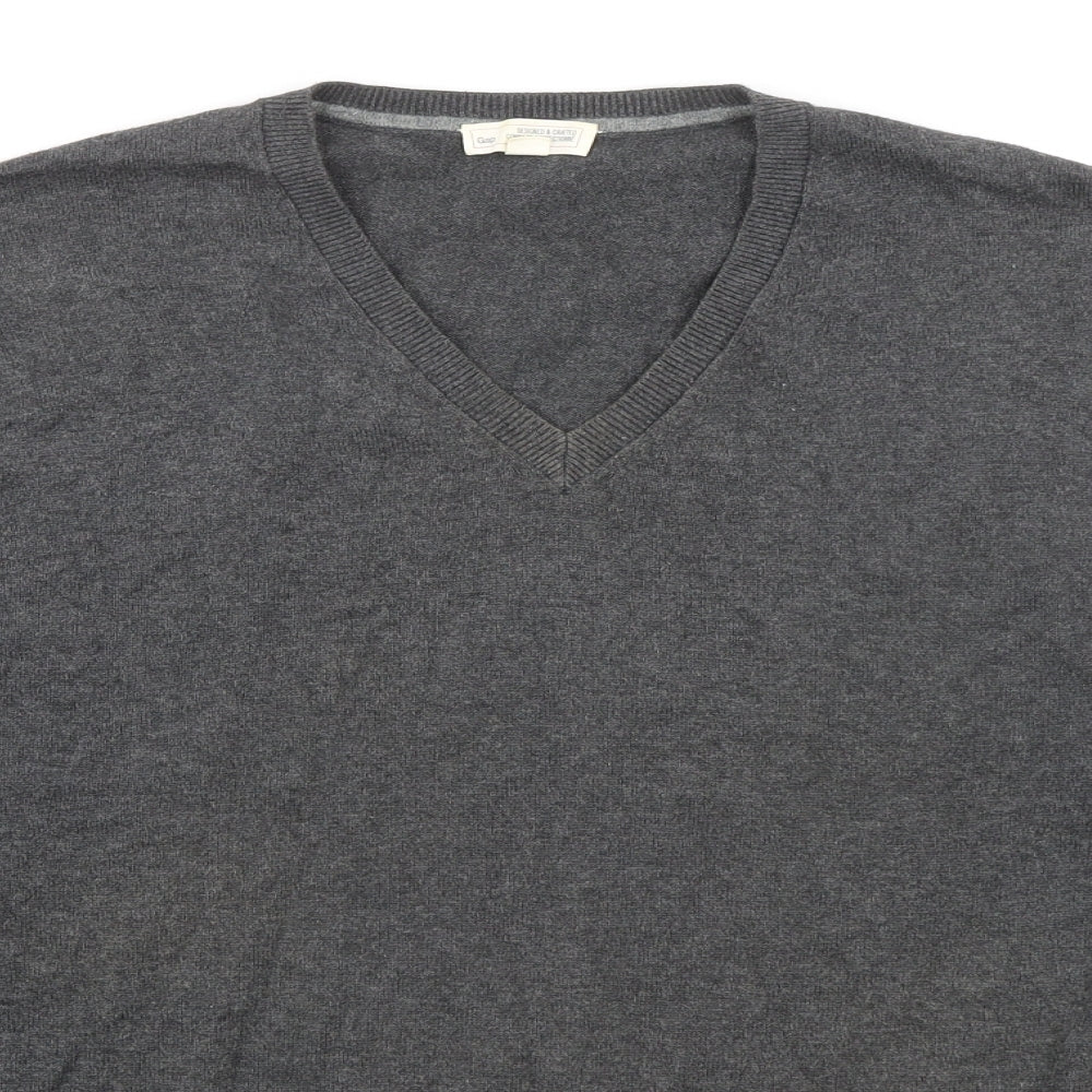 Gap Mens Grey V-Neck Cotton Pullover Jumper Size L Long Sleeve