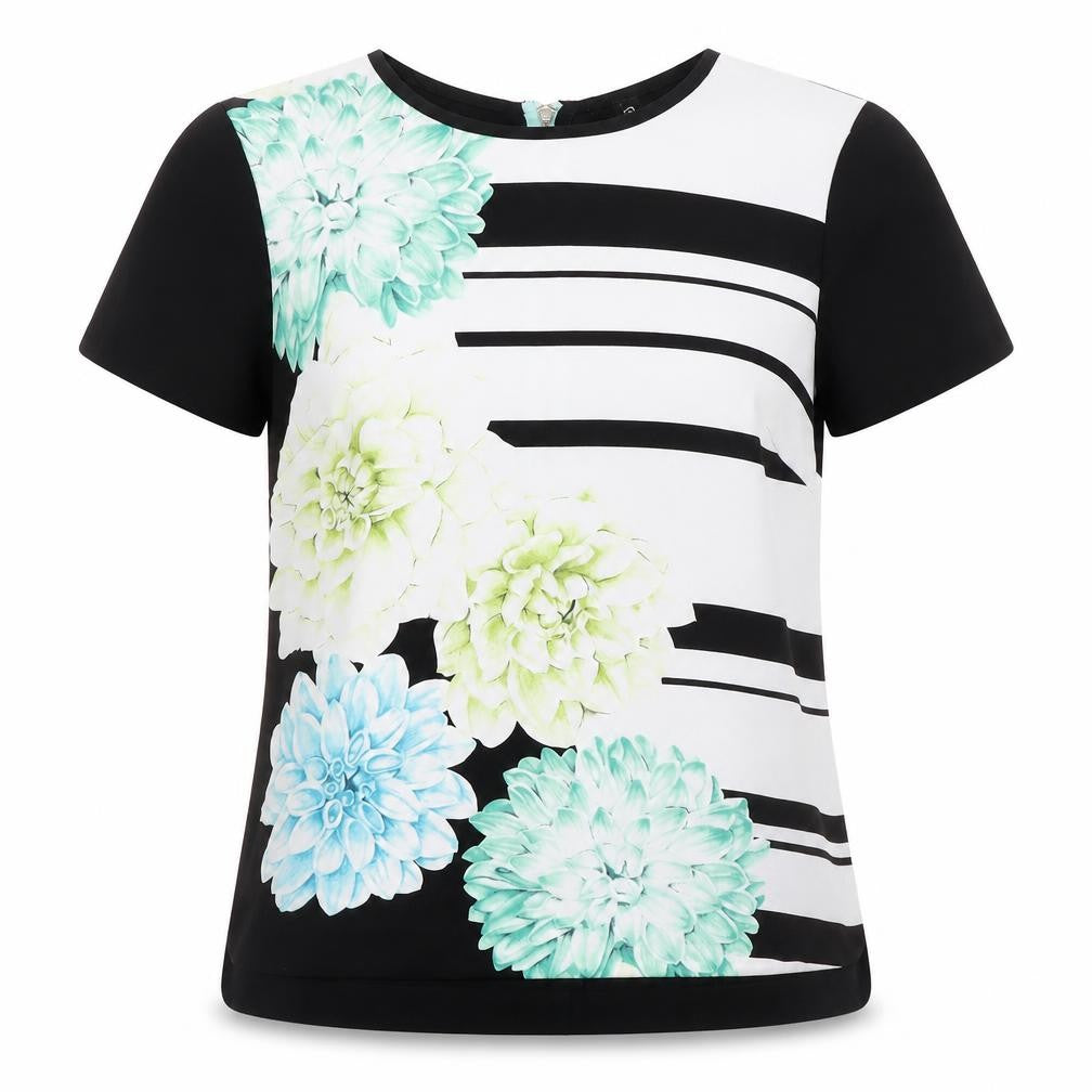 Front view of Oasis women’s black geometric polyester basic blouse, size UK 10, round neck