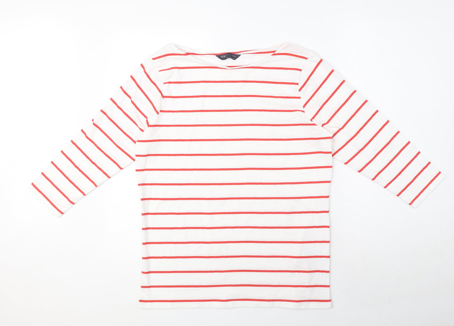 Marks and Spencer Womens White Striped Cotton Basic T-Shirt Size 16 Boat Neck