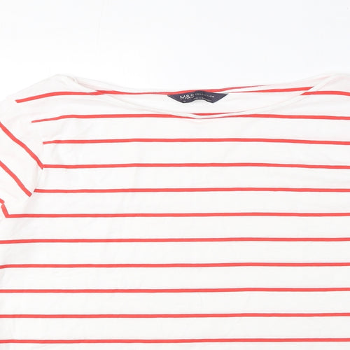 Marks and Spencer Womens White Striped Cotton Basic T-Shirt Size 16 Boat Neck