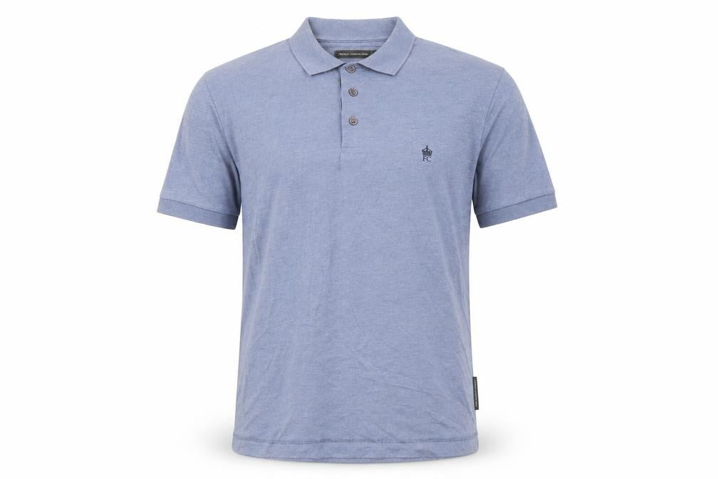 Front view of French Connection men’s blue cotton polo, size M, collared button