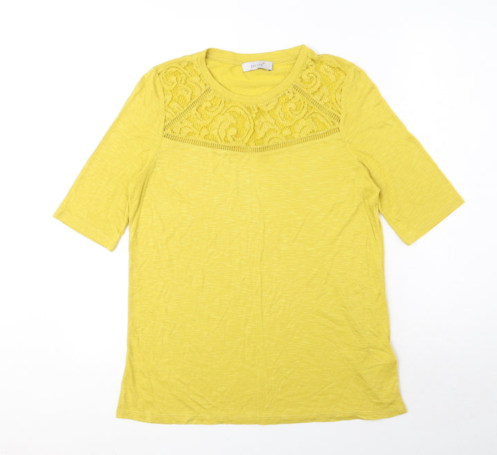 Marks and Spencer Womens Yellow Viscose Basic T-Shirt Size 10 Round Neck - Lace Details