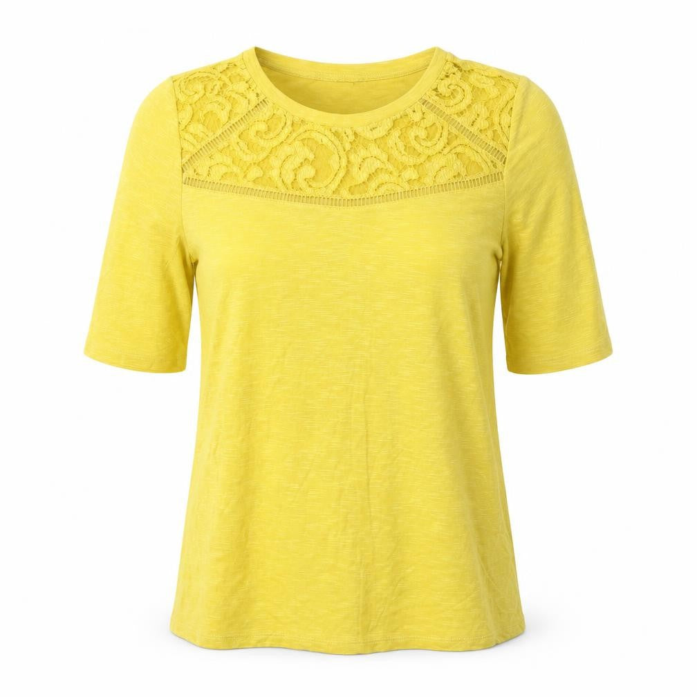 Marks and Spencer Womens Yellow Viscose Basic T-Shirt Size 10 Round Neck - Lace Details