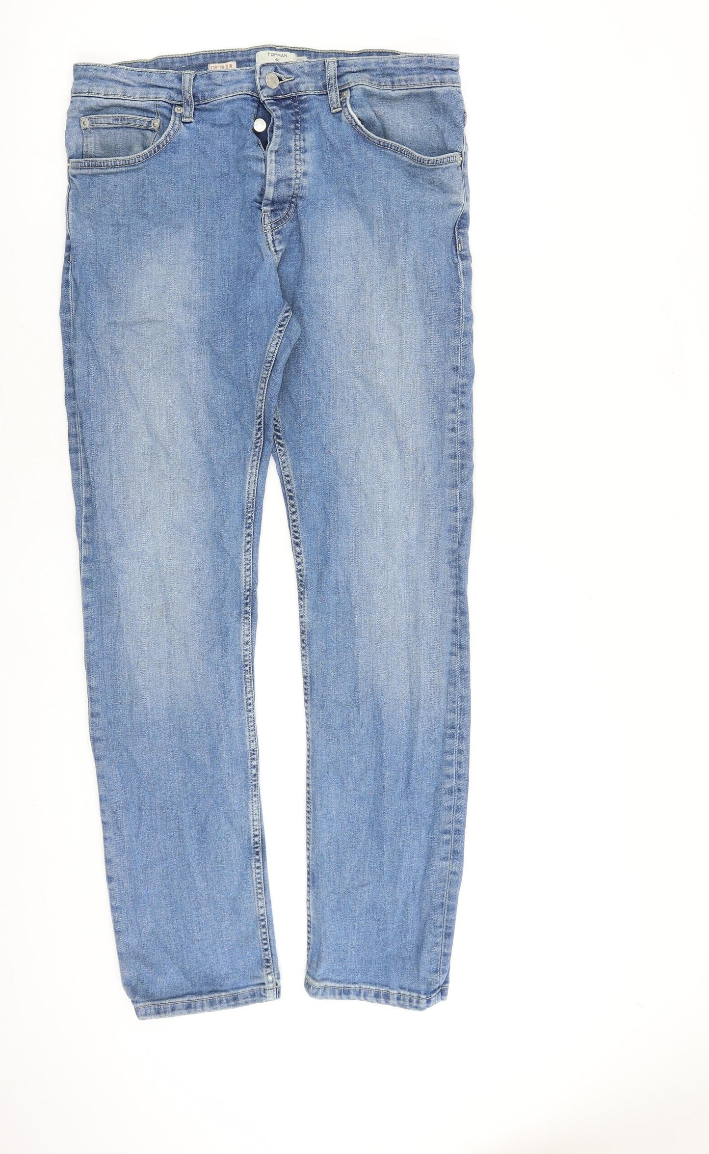Topman Mens Blue Cotton Straight Jeans Size 34 in L31 in Slim Button