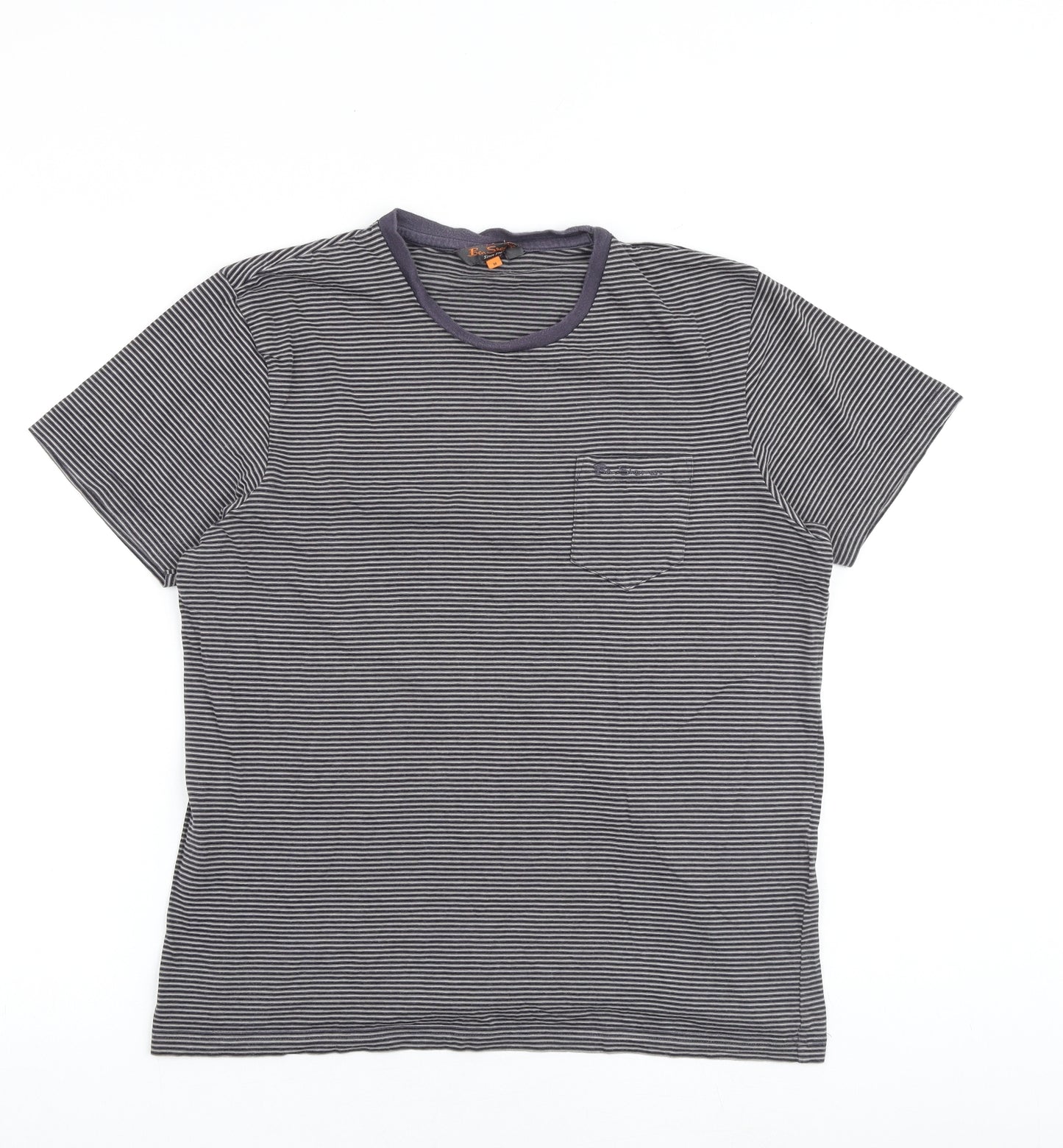 Ben Sherman Mens Grey Striped Cotton T-Shirt Size M Round Neck