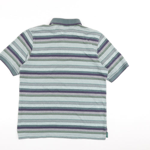 Lincoln Mens Green Striped Cotton Polo Size M Collared Button