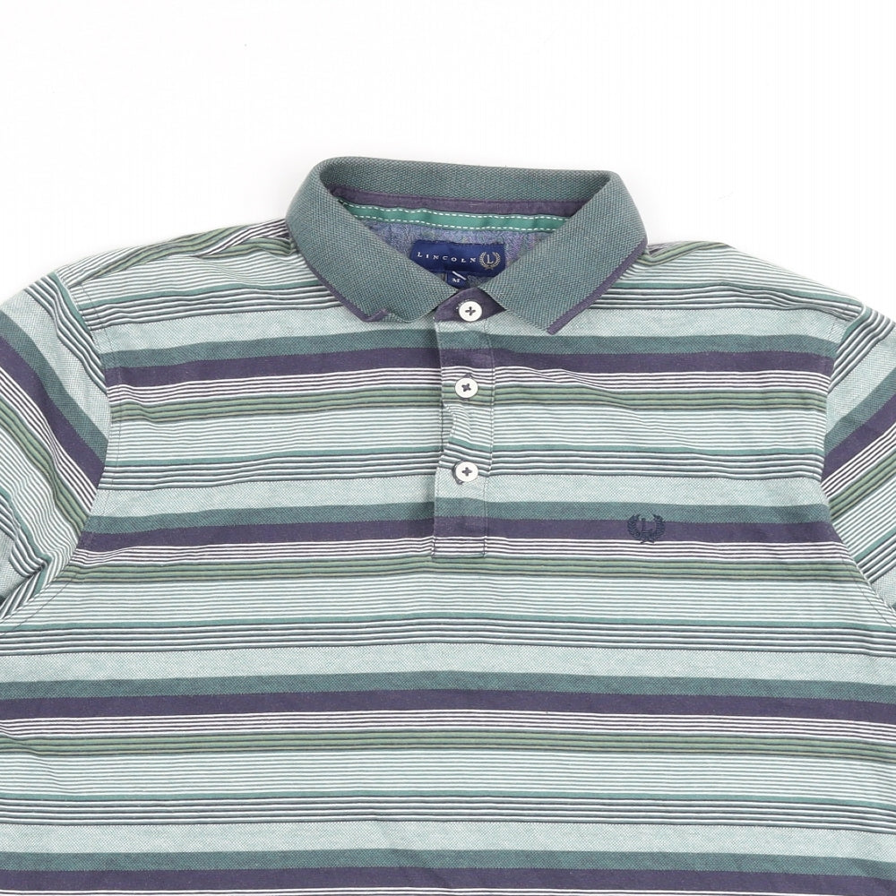 Lincoln Mens Green Striped Cotton Polo Size M Collared Button