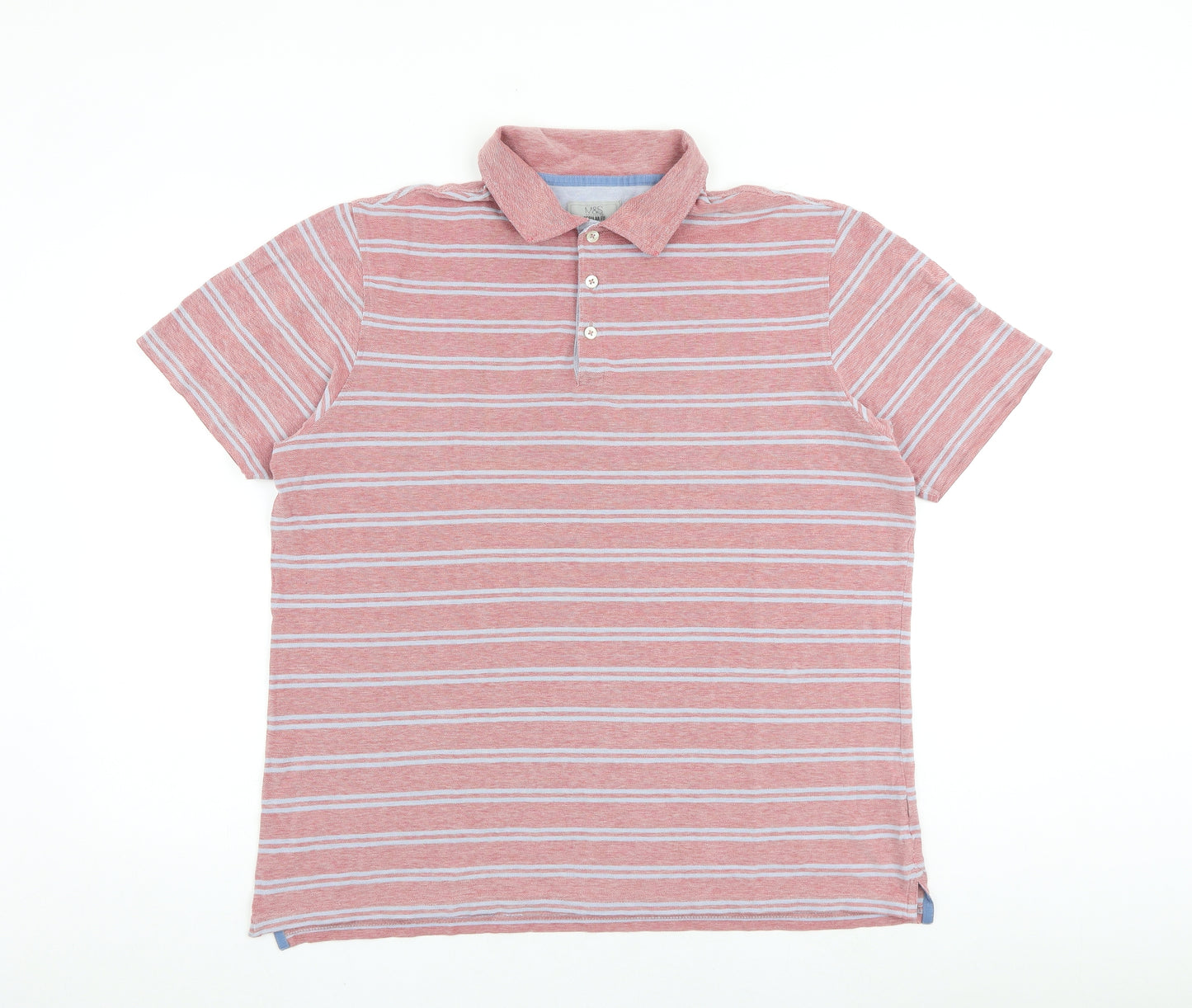 Marks and Spencer Mens Red Striped 100% Cotton Polo Size XL Collared Button