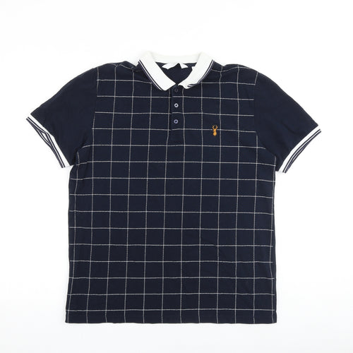 NEXT Mens Blue Check 100% Cotton Polo Size L Collared Button