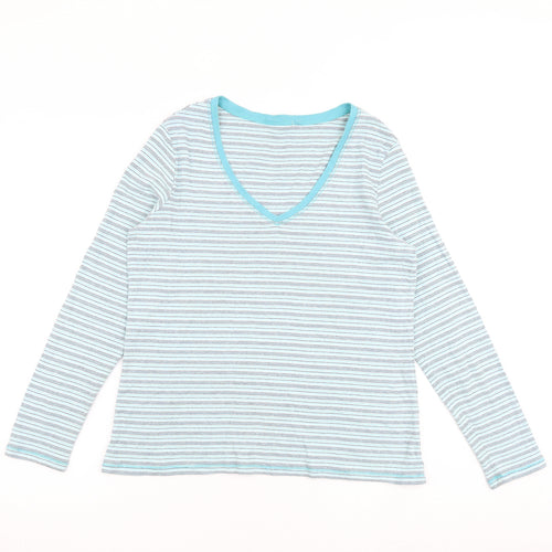 Marks and Spencer Womens Blue Striped 100% Cotton Basic T-Shirt Size 16 V-Neck